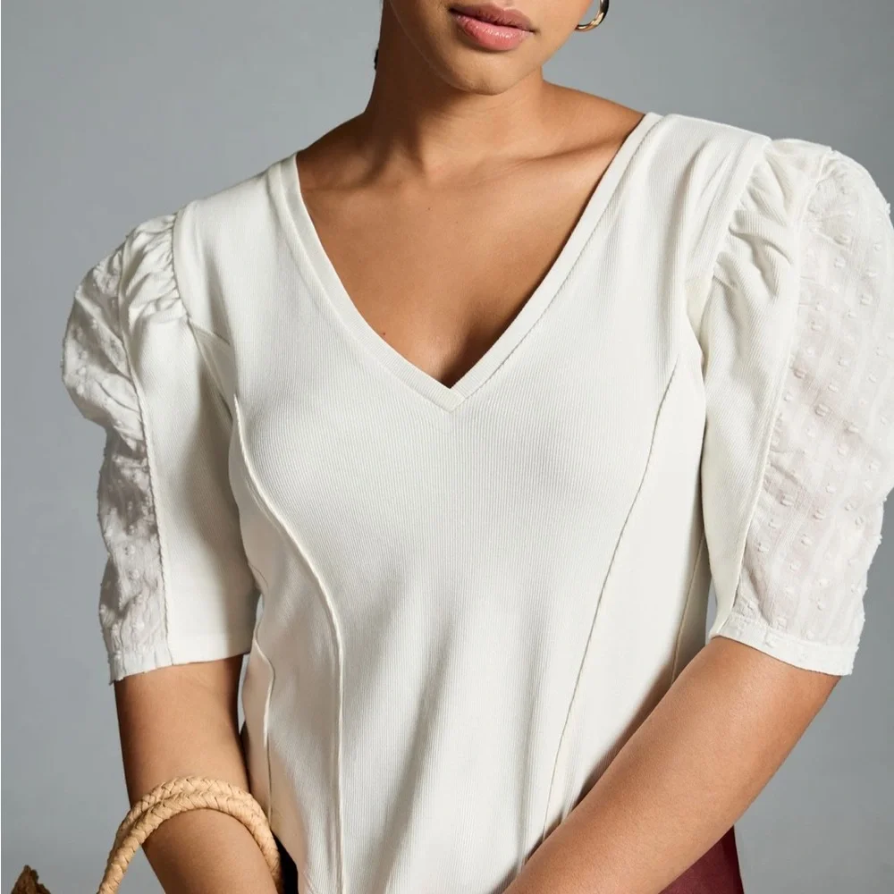 NWT By Anthropologie puff sleeve structured v neck tee sz 3X - Picture 2 of 11